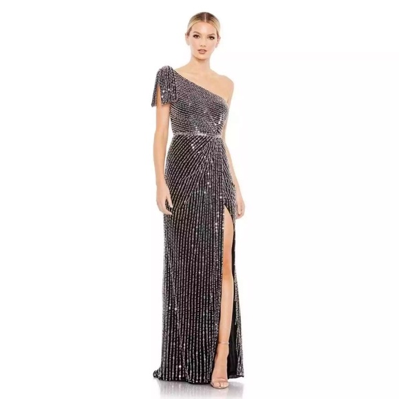 Mac Duggal Dresses & Skirts - NWT Mac Duggal Black Pearl Sequin One Shoulder Bow High Slit Maxi Dress Size 2